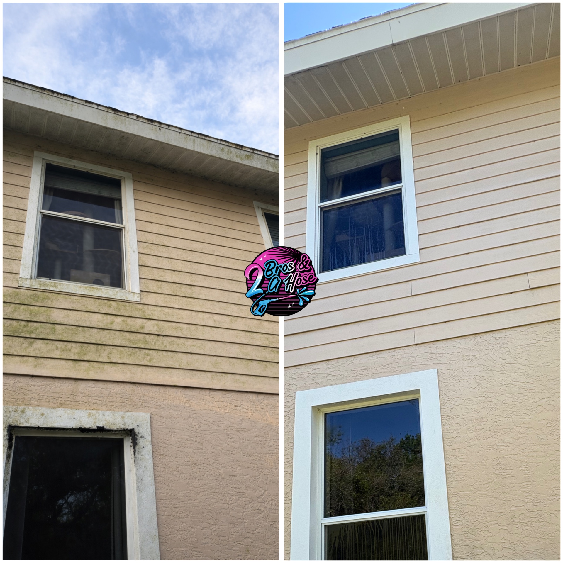House wash before and after at a Panther Ridge home with vinyl siding and stucco
